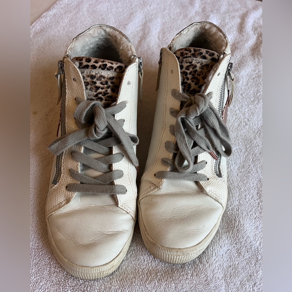 Dolce Vita high top sneakers with rose gold accents and leopard print tongue